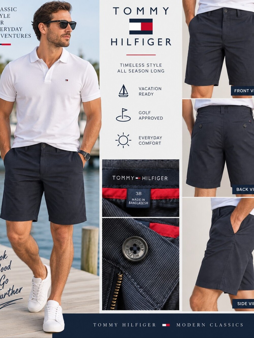 Tommy Hilfiger Men’s Size 38 Navy Pinstripe Chino Shorts Classic Preppy